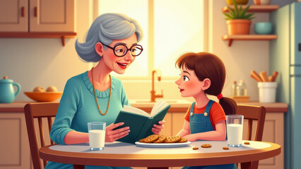Grandmother reads a book with (granddaughter) at the table