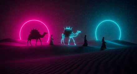 Neon Desert Journey: Digital Camels and Figures Under Starry Sky - Futuristic Middle East