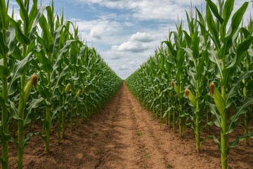 Fototapeta premium Realistic Corn Farm Landscape Under Bright Blue Sky
