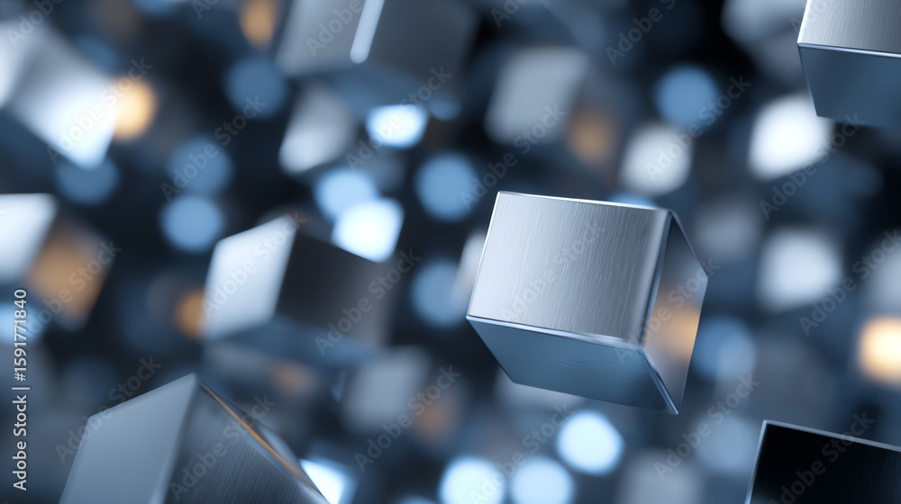 Poster abstract technology background with floating metallic cubes and soft bokeh lights creating a futuris