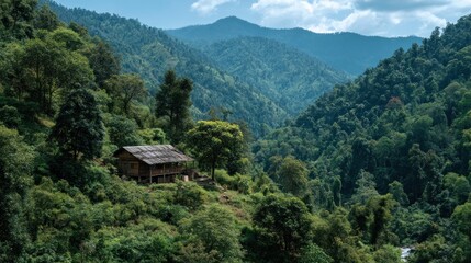 Secluded cabin retreat amidst the lush green forests of the mountains