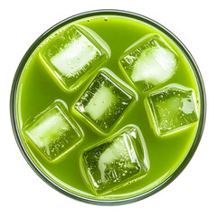 Refreshing cold matcha green tea with ice cubes in glass isolated on transparent background, top view