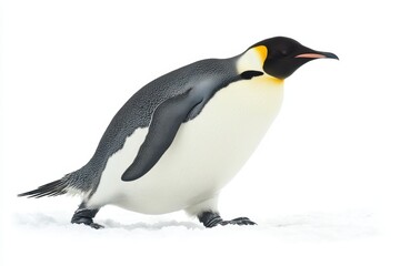 Naklejka premium A Majestic Emperor Penguin Walking Gracefully on Snow, Showcasing Its Unique Black and White Plumage and Vibrant Yellow Accents in a Cold Arctic Environment on white background