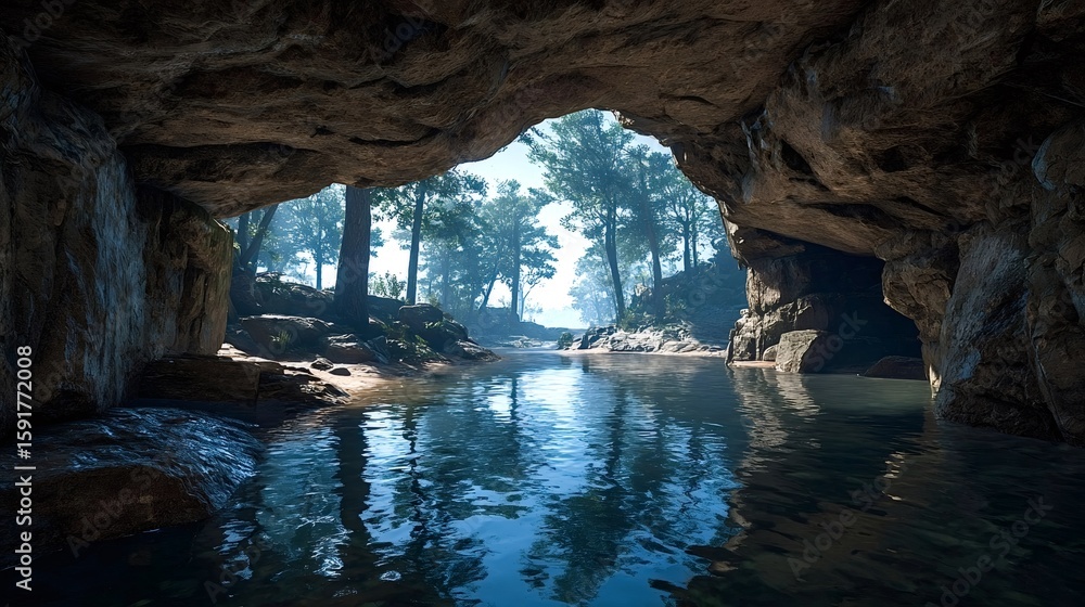 Poster sunlight illuminates a tranquil river flowing out of a dark cave, surrounded by lush green trees in 