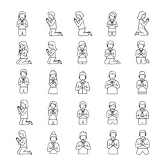 Praying People Line Icons Set, Religious and Spiritual Outline Icons, Meditation and Worship Vector Icons