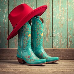 boots and cowboy boots, Red cowboy hat rests blue ornate embroidered boots on wood background. Western fashion clothes apparel, rustic country symbols for saloon, ranch party, line dance. Cowboy or co