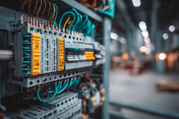 Close Up Industrial Electrical Panel With Wires And Circuit Breakers