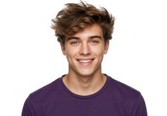 A happy young man with messy brown hair and blue eyes smiles brightly while wearing a purple tshirt, isolated on a transparent background