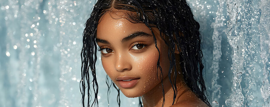 Stunning portrait of a young woman with wet, dark hair, framed by cascading water.  The image evokes freshness, purity, and natural beauty.