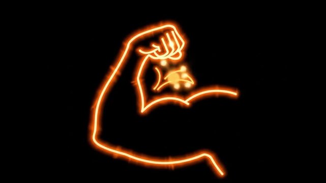 Muscle man cartoon fiery neon outline of a flexing bicep, vibrant design suitable for fitness logos, posters, and gym merch.