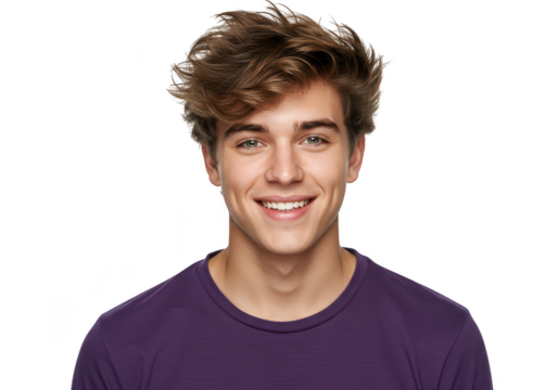 A happy young man with messy brown hair and blue eyes smiles brightly while wearing a purple tshirt, isolated on a transparent background - Powered by Adobe