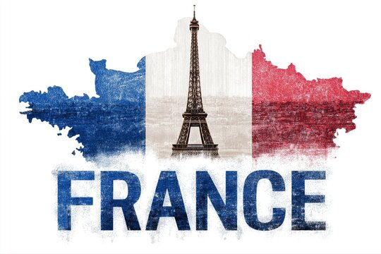Eiffel Tower in Paris on map of France in colors of French flag on a white isolated background. Patriotic holiday template for Bastille Day
