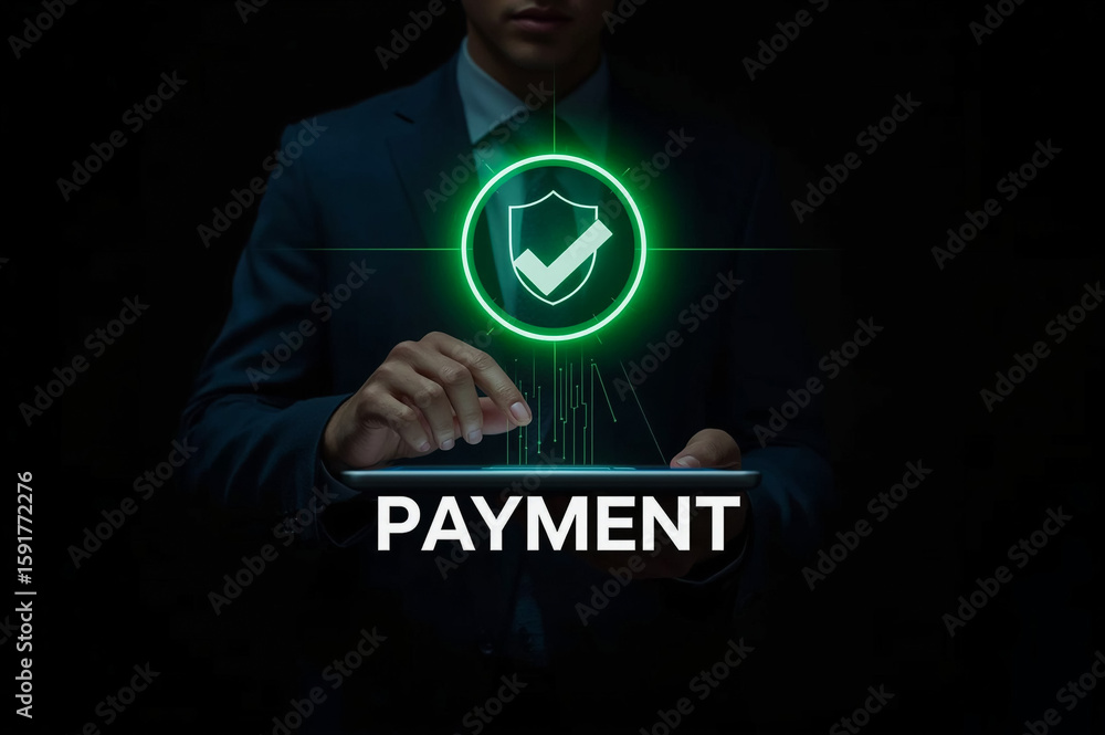 Poster mobile payment security protection. businessman interacting with a virtual shield icon for secure pa