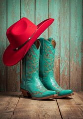 red cowboy boots, Red cowboy hat rests blue ornate embroidered boots on wood background. Western fashion clothes apparel, rustic country symbols for saloon, ranch party, line dance. Cowboy or cowgirl 
