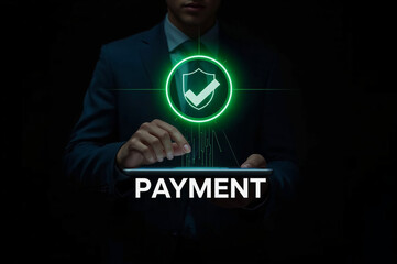 Mobile Payment Security Protection. businessman interacting with a virtual shield icon for secure payment confirmation, holding a Tablet in the background. 