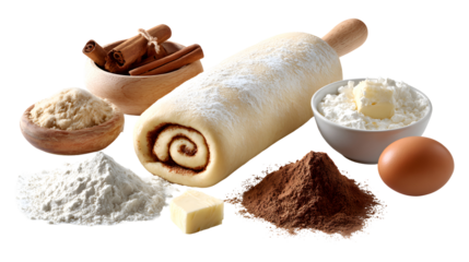 Making cinnamon rolls. Different ingredients for dough isolated on a white background