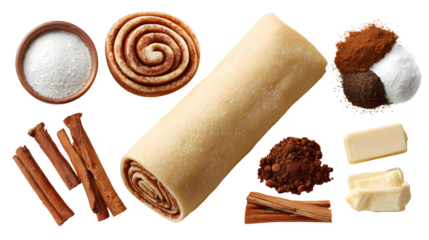 Making cinnamon rolls. Different ingredients for dough isolated on a white background