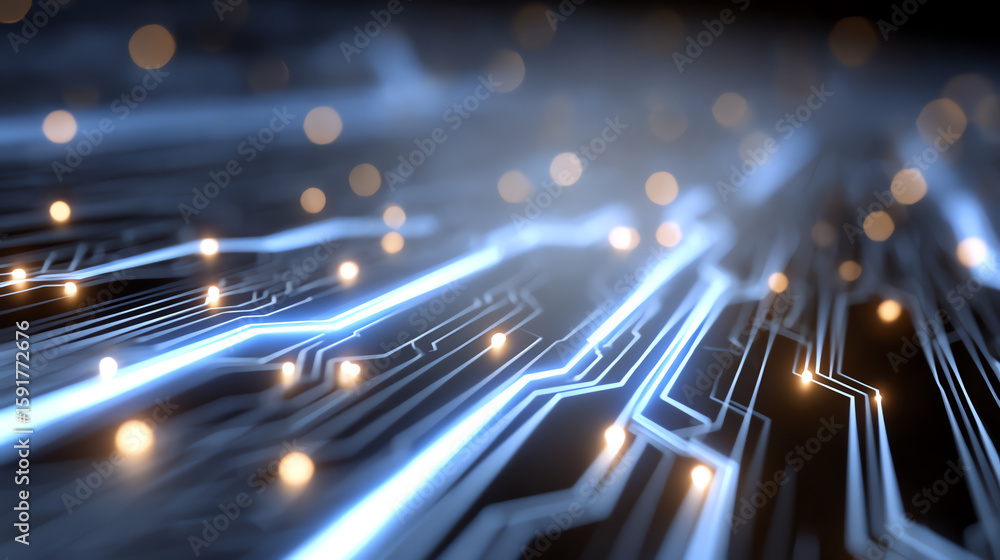 Poster close-up of a circuit board with glowing lines and lights, representing innovation and digital conne