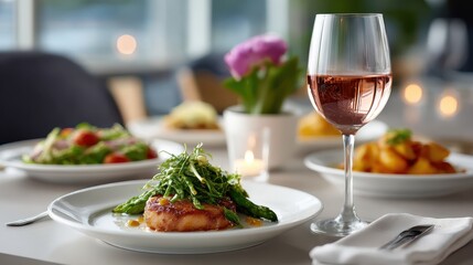 Elegant Dinner Setting with Grilled Fish and Ros? Wine