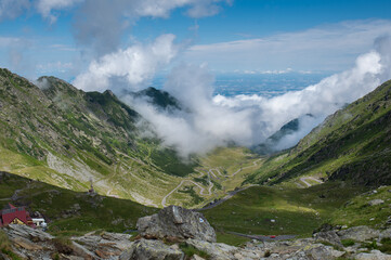 The Transfagarasan Highway winding through the Fagaras Mountains in Romania. One of the most scenic mountain roads in Europe, located in the Southern Carpathians.