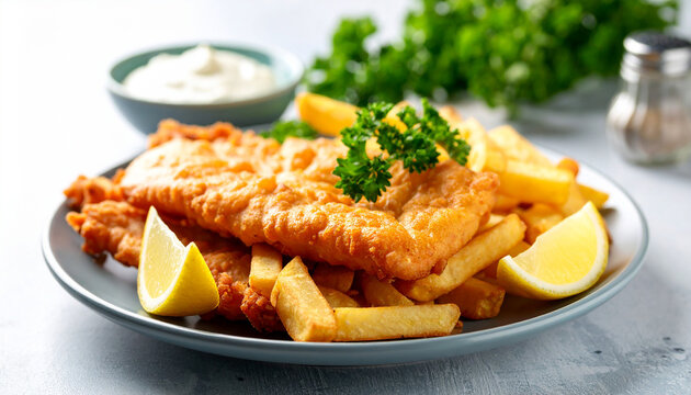 Crispy fish and chips on plate. Tasty food. Delicious meal. Cooking and culinary concept. - Powered by Adobe