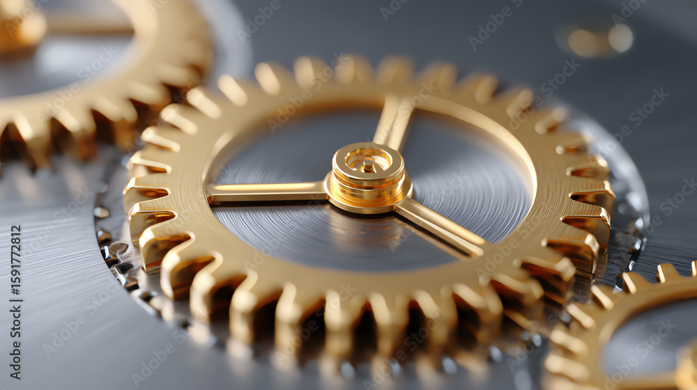 Poster close-up of intricate golden gears showcasing precision engineering and craftsmanship in mechanical 