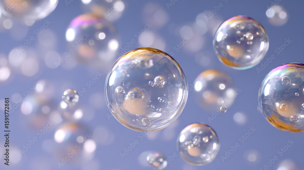 Poster close-up of shimmering soap bubbles floating in the air, reflecting light and colors, creating a whi