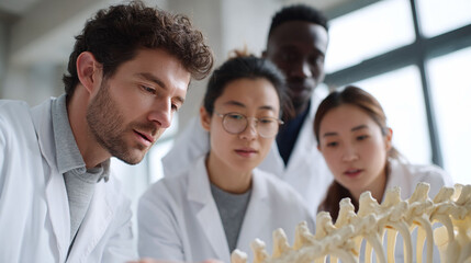 Diverse team of medical professionals examining a spinal column model. Symbolizes collaboration, research, and education in science and healthcare settings. Use for medical content.
