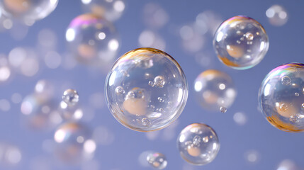 Close-up of shimmering soap bubbles floating in the air, reflecting light and colors, creating a whimsical atmosphere.