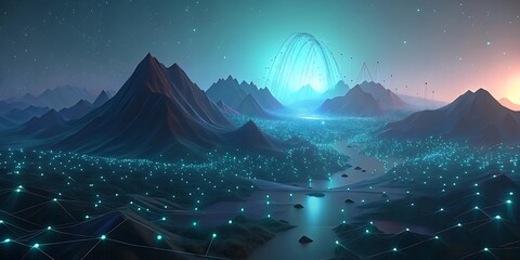 Futuristic digital city landscape with glowing data networks nestled among mountains at night.