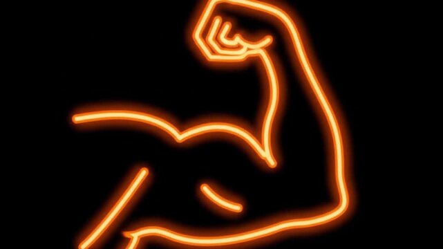 Muscle man cartoon fiery neon outline of a flexing bicep, vibrant design suitable for fitness logos, posters, and gym merch.