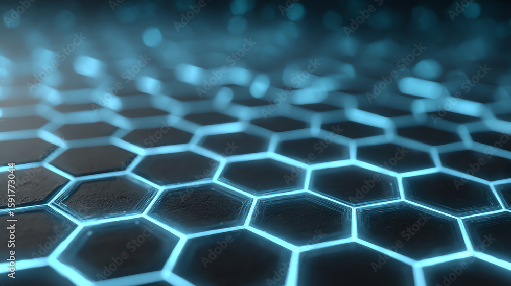 Poster close-up view of a futuristic hexagonal pattern with glowing lines, perfect for backgrounds, tech de
