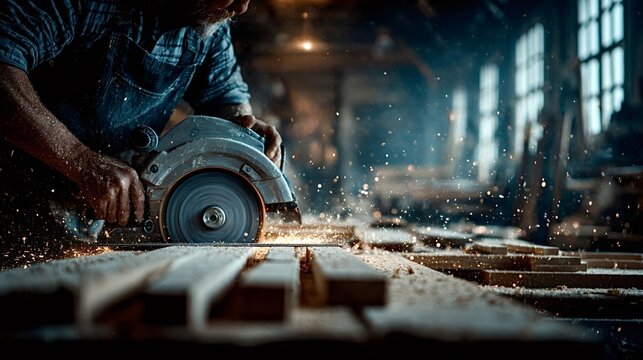 Carpenter skillfully operating a circular saw, cutting through wooden planks and generating sparks and sawdust in a bustling professional workshop environment