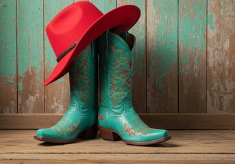 red cowboy boots, Red cowboy hat rests blue ornate embroidered boots on wood background. Western fashion clothes apparel, rustic country symbols for saloon, ranch party, line dance. Cowboy or cowgirl 