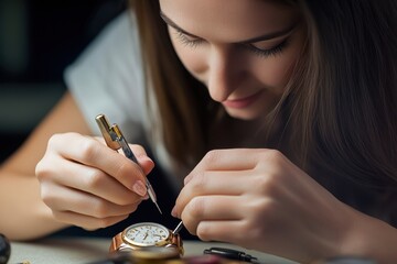 Skilled watchmaker repairs a timepiece during close-up inspection at a crafting table