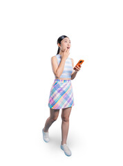 A surprised young Asian woman walking with her smartphone, reacting with amazement to something she sees online or in the distance.on png 
