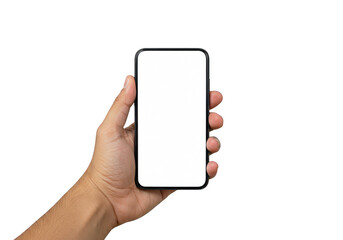 A hand holding a modern smartphone with a blank white screen, isolated on a transparent background