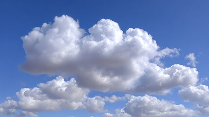 Obraz premium Fluffy white clouds drifting across a bright blue sky, creating a serene and picturesque scene of nature's beauty.