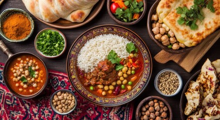 A Vibrant Spread of Traditional India Dishes Featuring Aromatic Spices, Savory Curries, Fresh Vegetables, and Flavorful Rice on a Rustic Table Setting