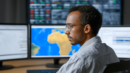 Focused professional working in a modern office with multiple screens, analyzing data and monitoring market trends.