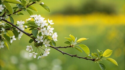 A blooming apple tree with yellow spring flowers in a vibrant garden setting