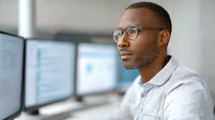 Obraz premium Focused professional working diligently at multiple computer screens in a modern office environment, exemplifying productivity.
