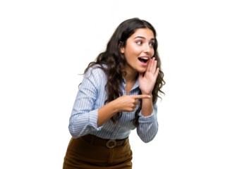 A young woman in a blue striped shirt leans forward, pointing and whispering with her hand cupped around her mouth, isolated on a transparent background