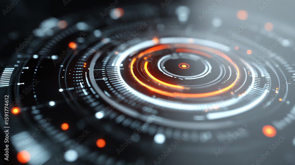 Poster futuristic digital design showcasing abstract circular patterns with glowing elements, representing 