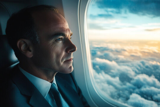 Man  looking out airplane window during flight above the clouds, peaceful travel moment, generative ai - Powered by Adobe