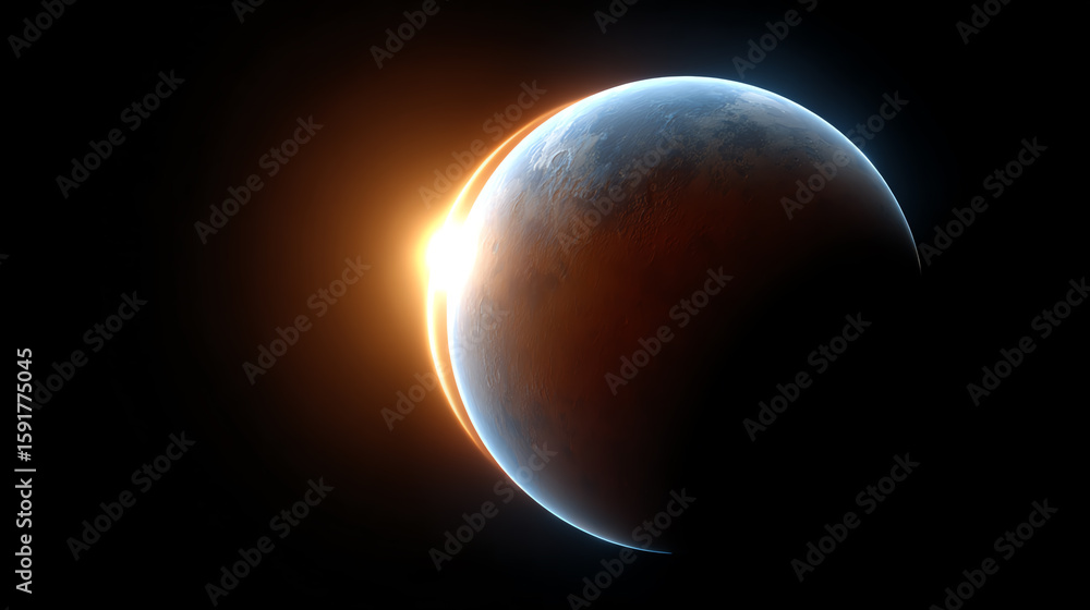 Poster stunning celestial event showcasing a planet partially illuminated by sunlight, casting an ethereal 