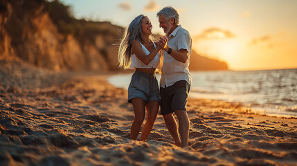 Happy mature couple dancing joyfully on a sandy beach at sunset.  Warm golden light illuminates the scene, capturing a moment of carefree romance and active retirement.
