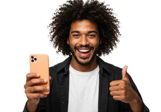 A delighted man with curly hair shows his phone and gives a thumbs up, sharing good news, isolated on a transparent background