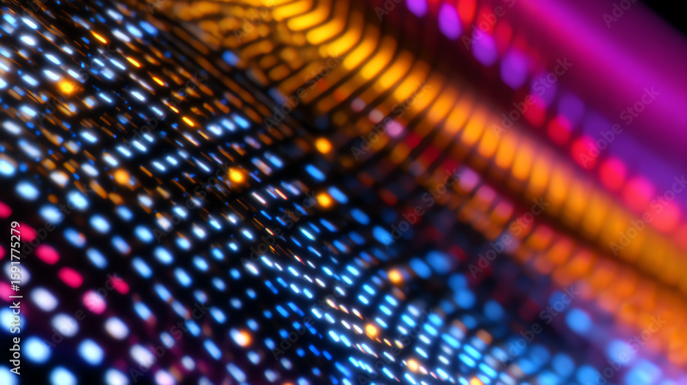 Poster vibrant abstract digital pattern with colorful lights and blurred lines, showcasing the fusion of te