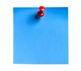 Blue paper note with push pin isolated on transparent background